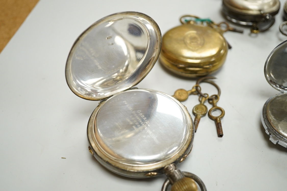 A George V silver cased goliath calendar moon phase open faced pocket watch, case diameter approx. 67mm(a.f.), together with five other pocket watches, including silver and white metal Waltham, a Camerer Cuss chrome case